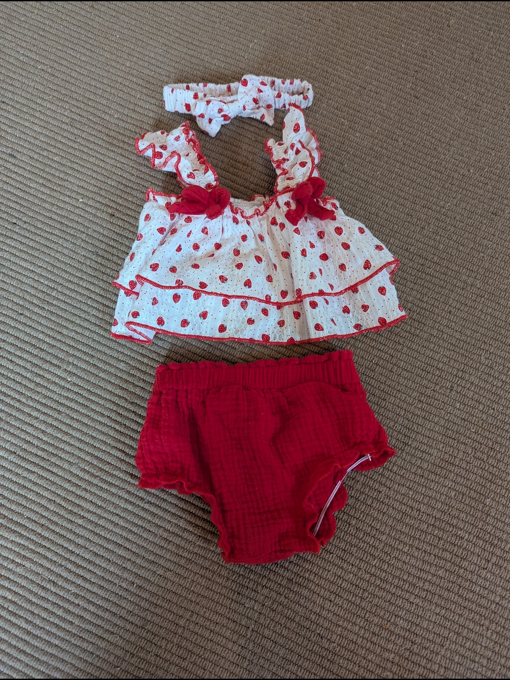 Baby Girls Red & White Strawberry Two-Piece Set with Headband